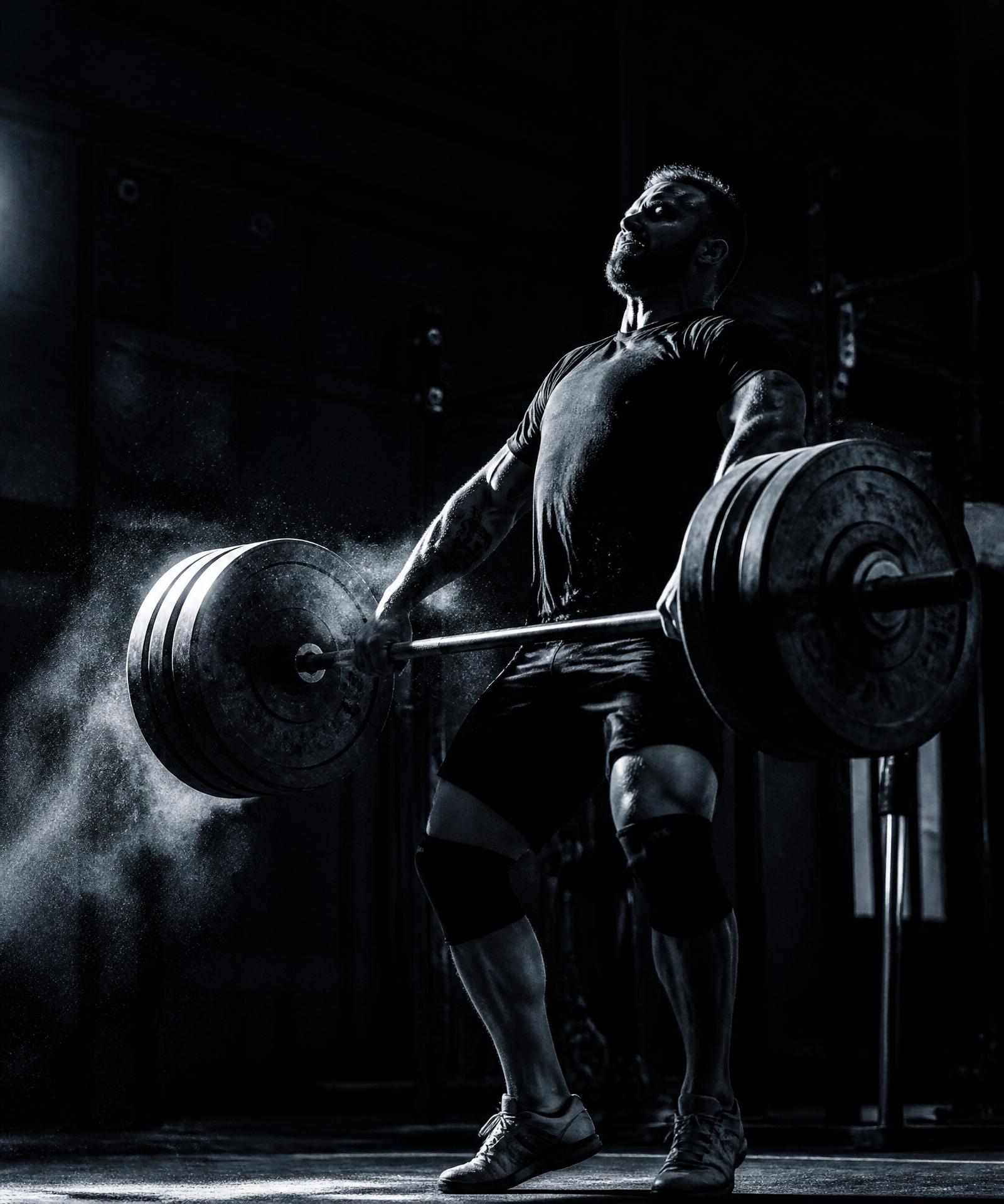 Athlete completing a heavy barbell lift in a dark gym
